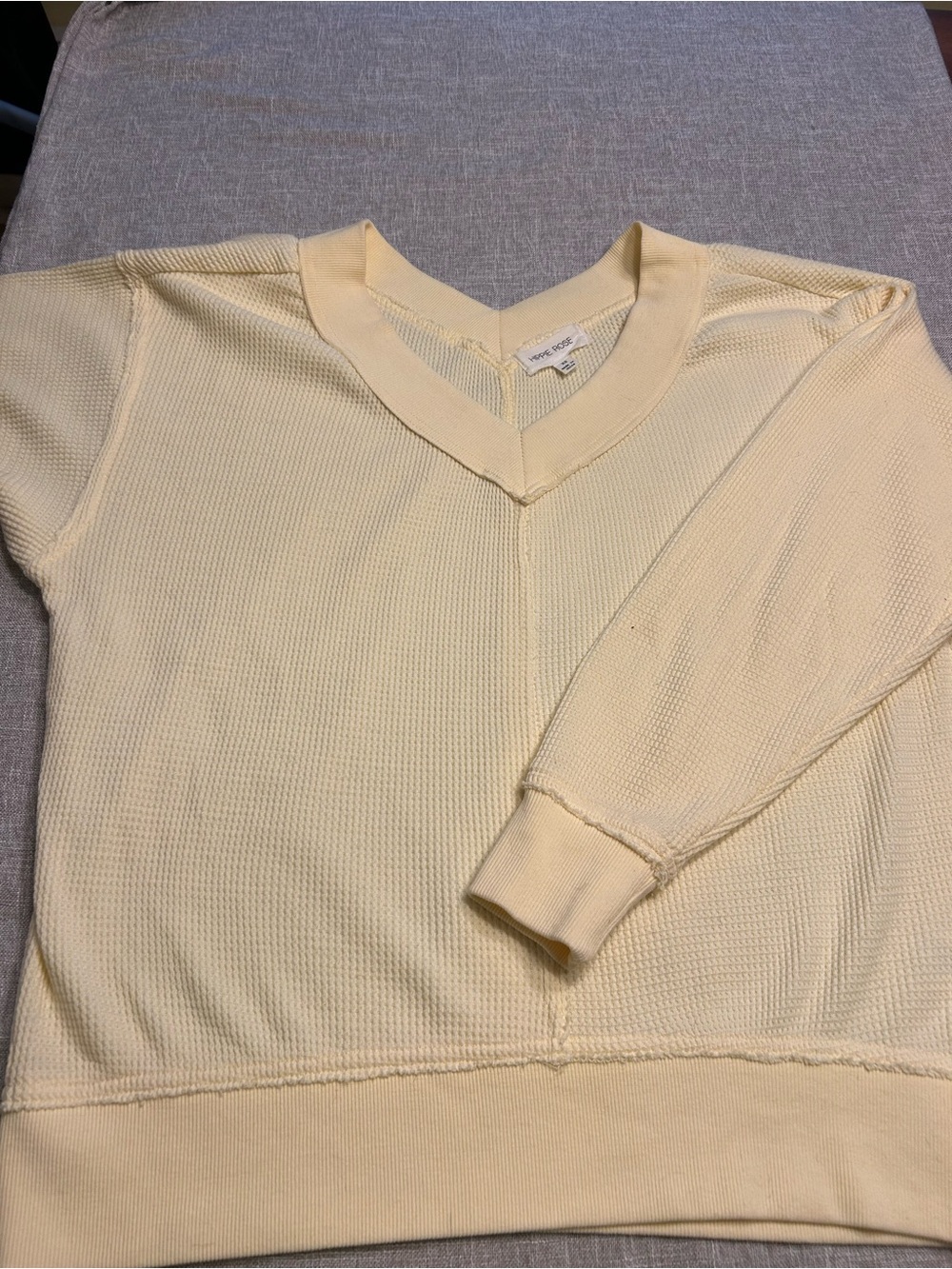 Soft Yellow V-Neck Waffle Knit Pullover